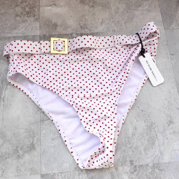 White Bikini Bottom Small Belted High Cut Swim Pink Micro Polka Dot Cheeky Retro - Picture 2 of 12